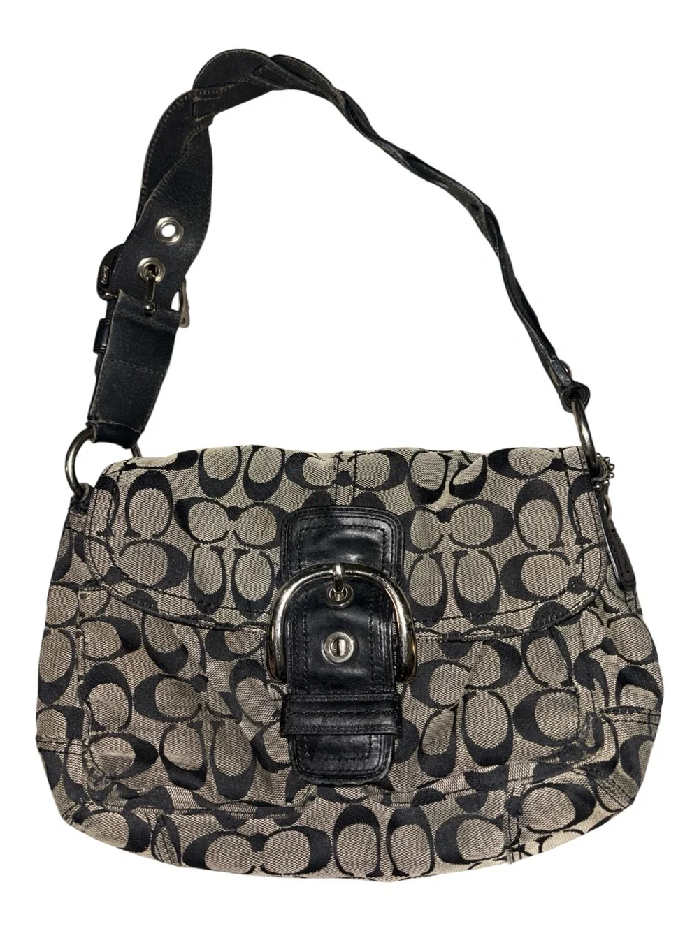 Coach Black and Beige Signature Canvas Buckle Shoulder Bag